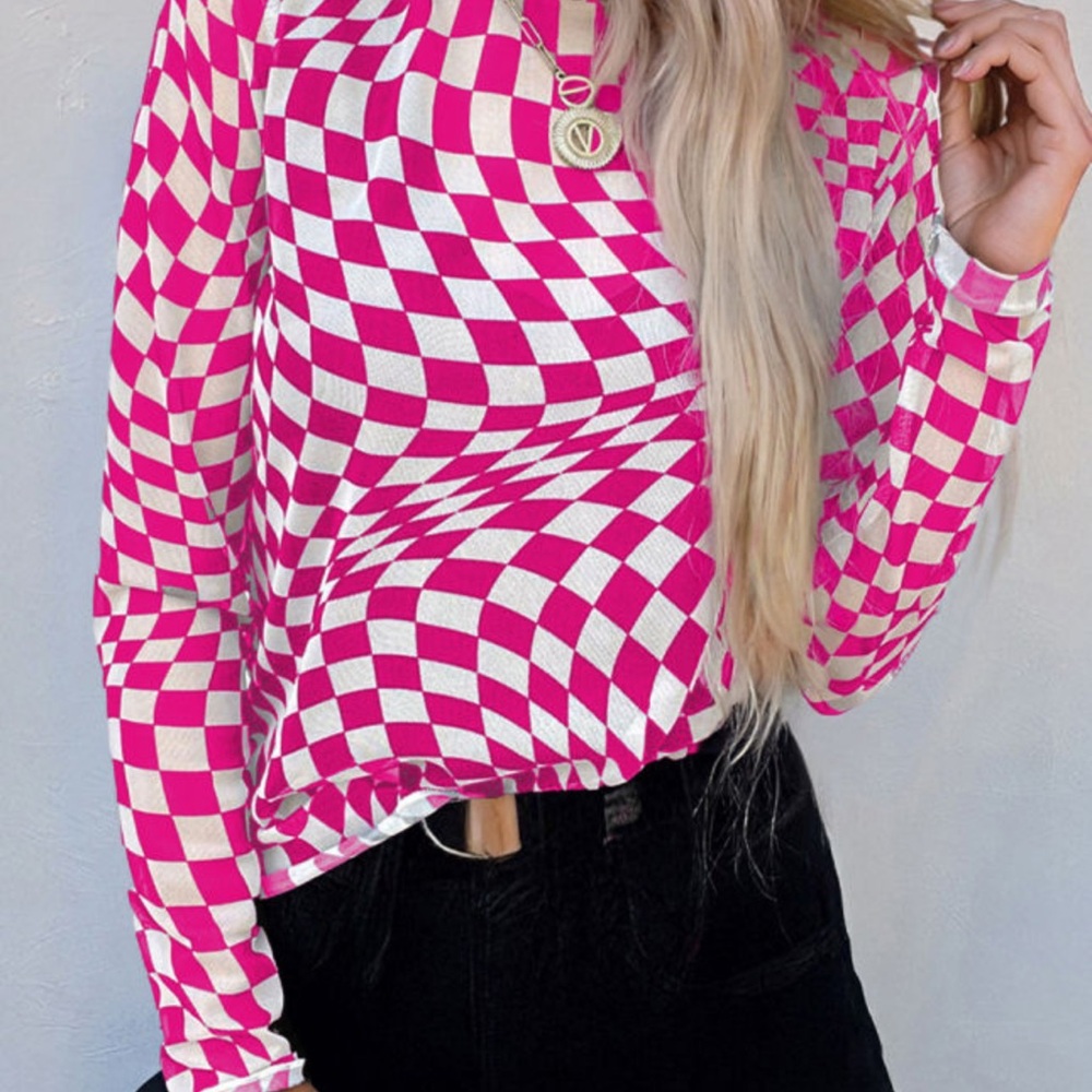 Pink and White Checkered Women's Mesh Top